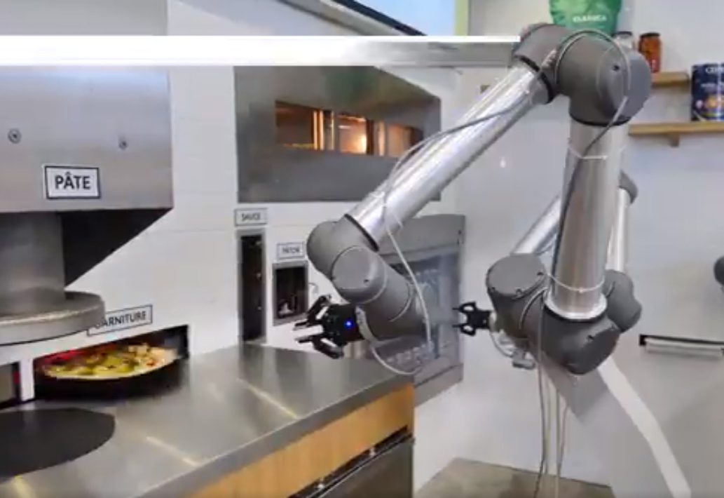 Three-armed kitchen robot wired to move like a pizza chef